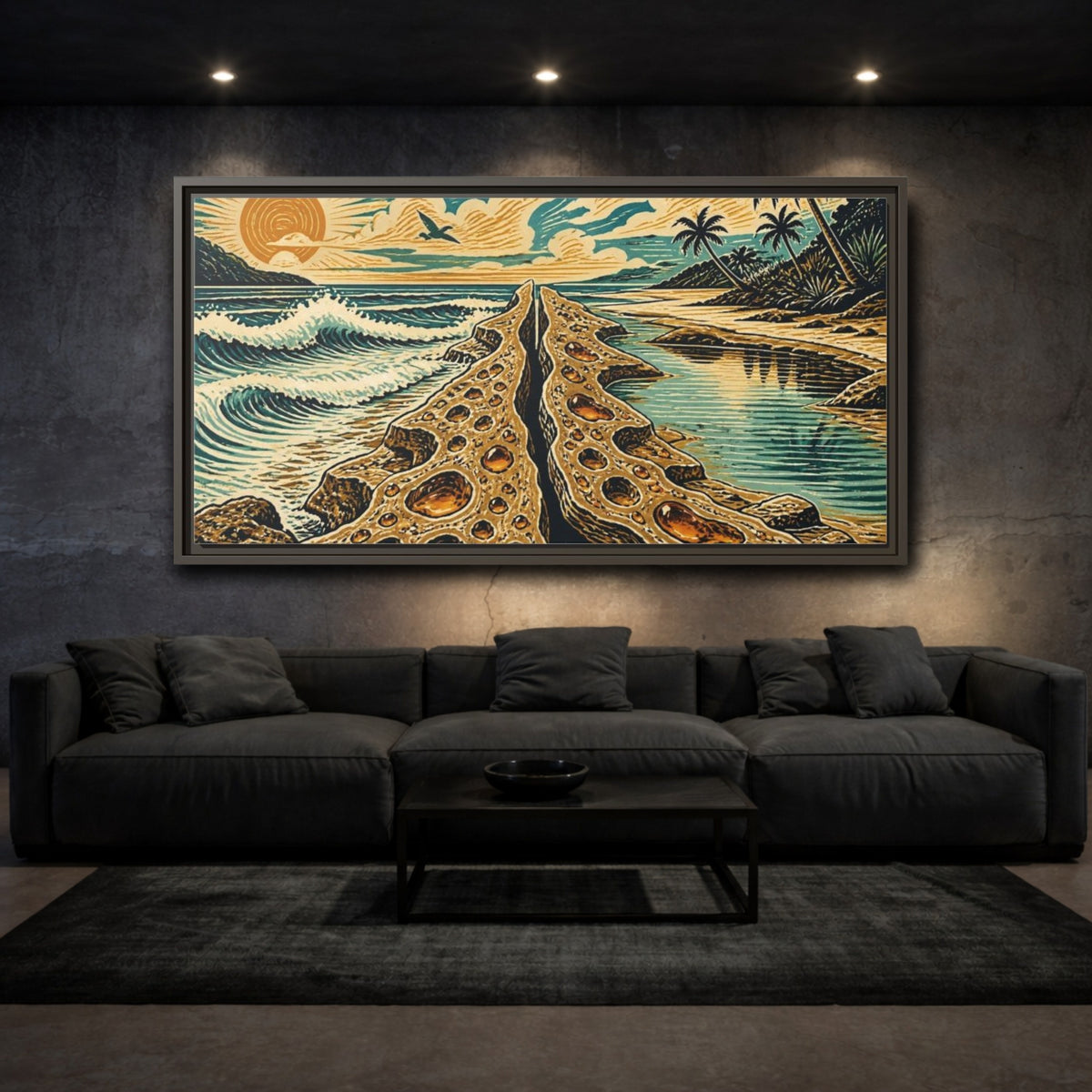 Mockup 3. Coastal Rock Formation shown as framed canvas print