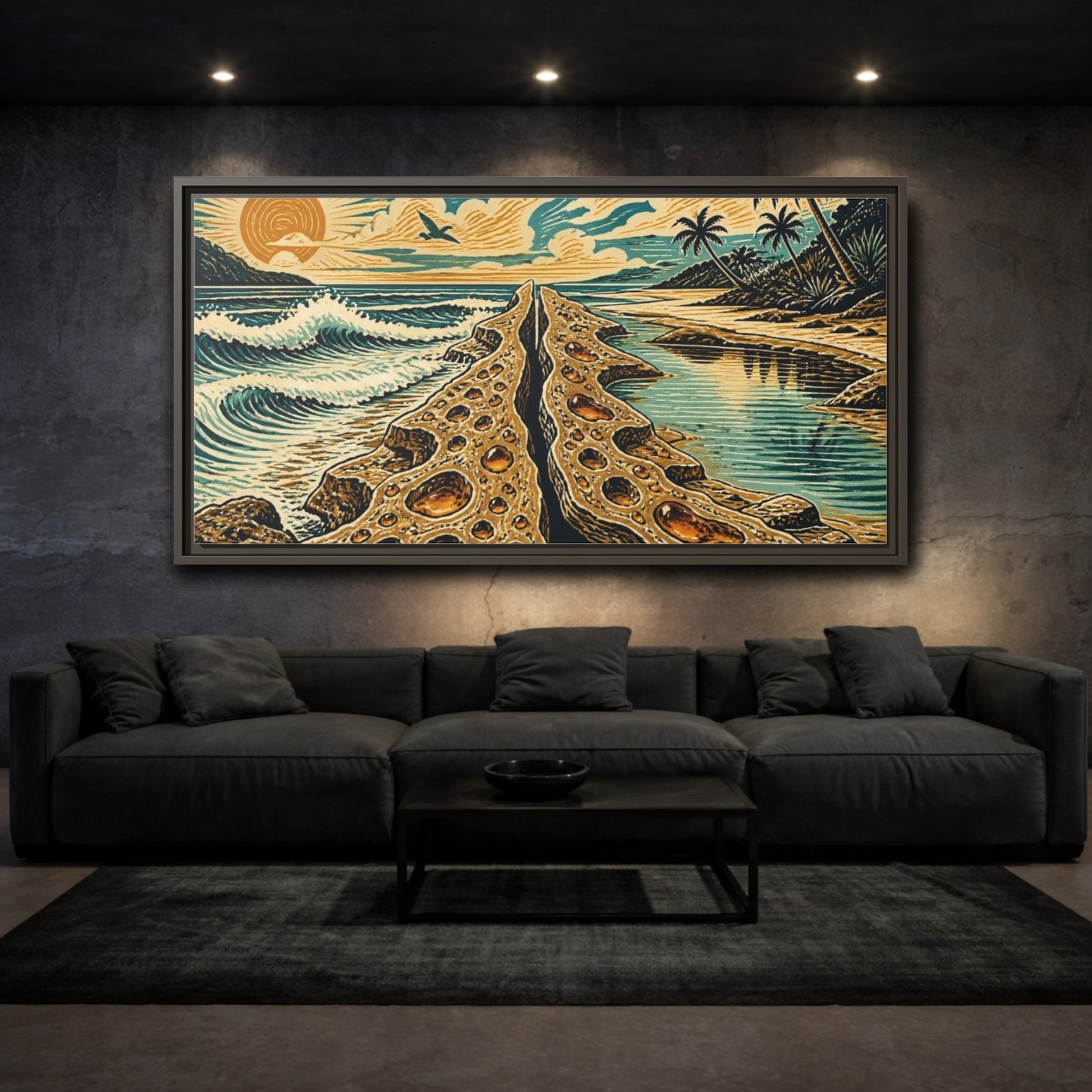 Mockup 3. Coastal Rock Formation shown as framed canvas print