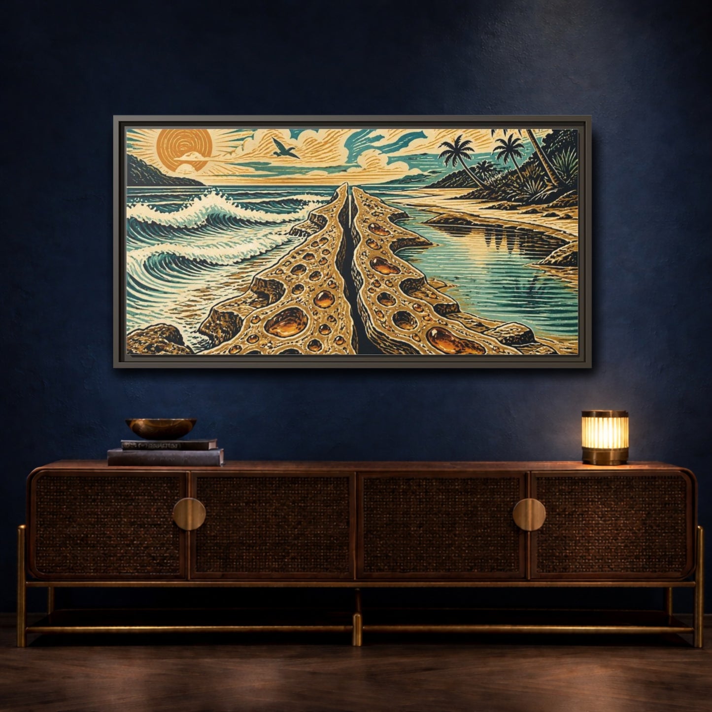 Mockup 4. Coastal Rock Formation shown as framed canvas print