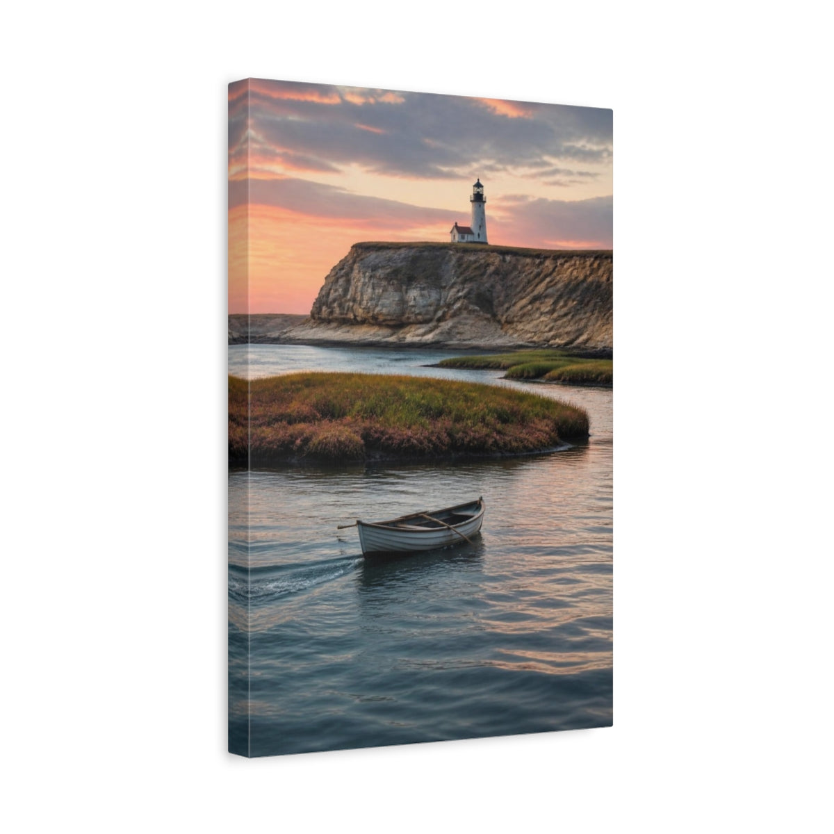 Side Mockup 4. Coastal Rowboat At Sunset shown as canvas print