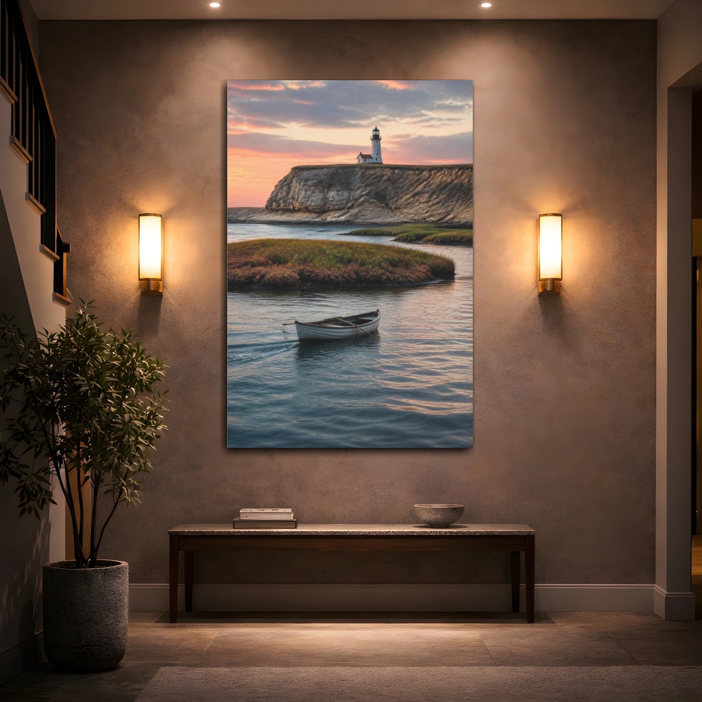 Mockup 2. Coastal Rowboat At Sunset shown as canvas print