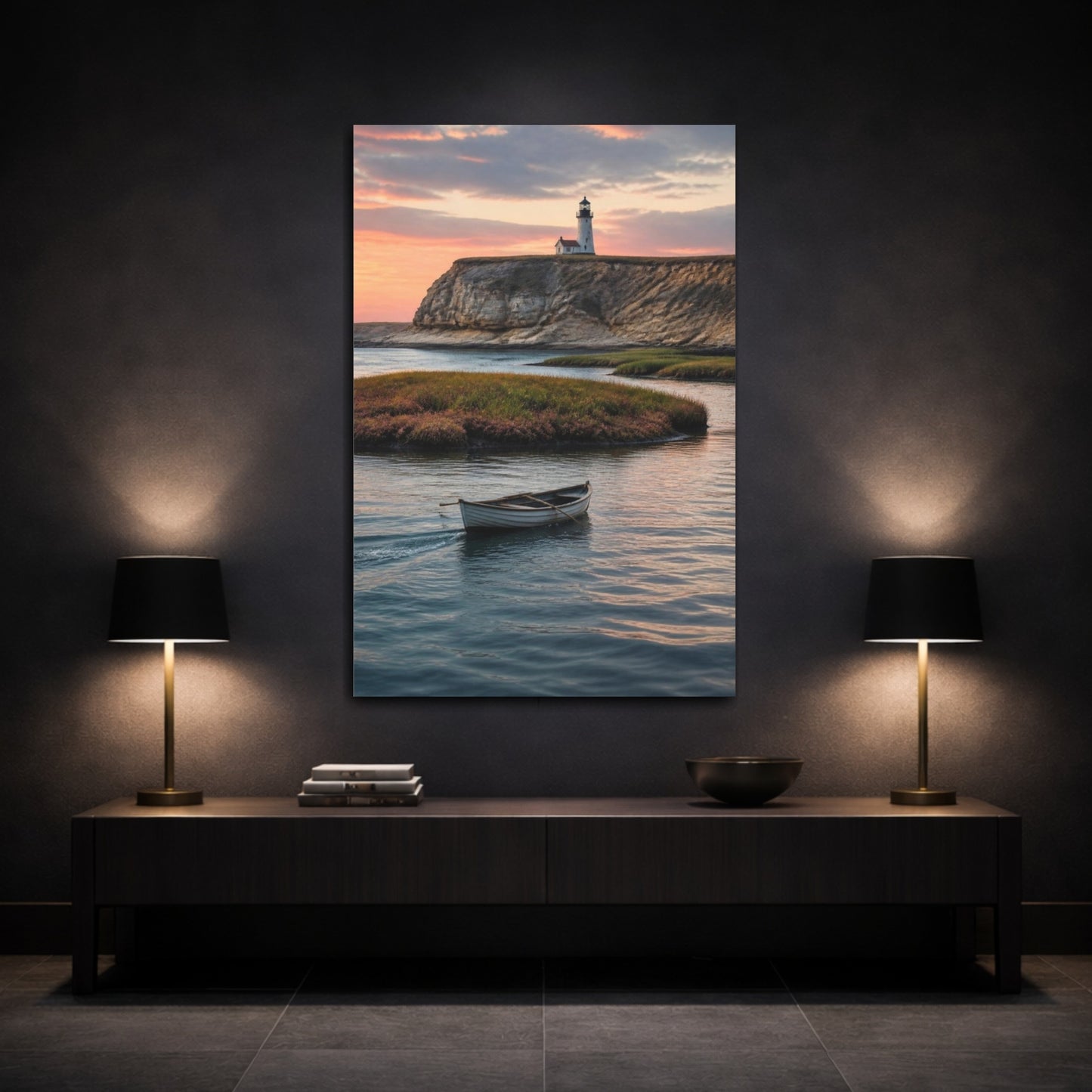 Mockup 3. Coastal Rowboat At Sunset shown as canvas print