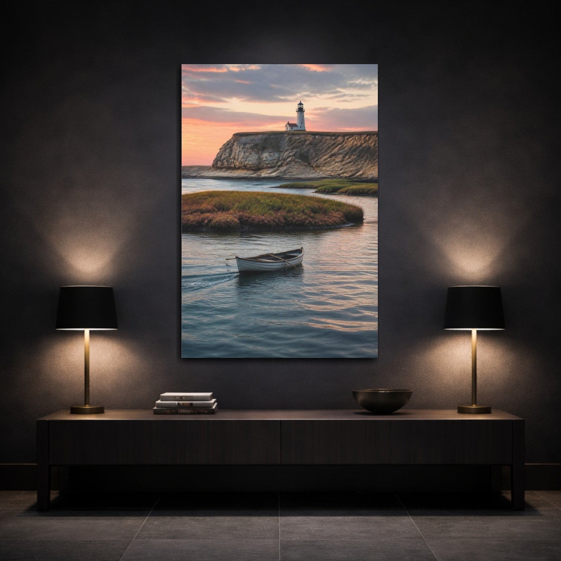 Mockup 3. Coastal Rowboat At Sunset shown as canvas print