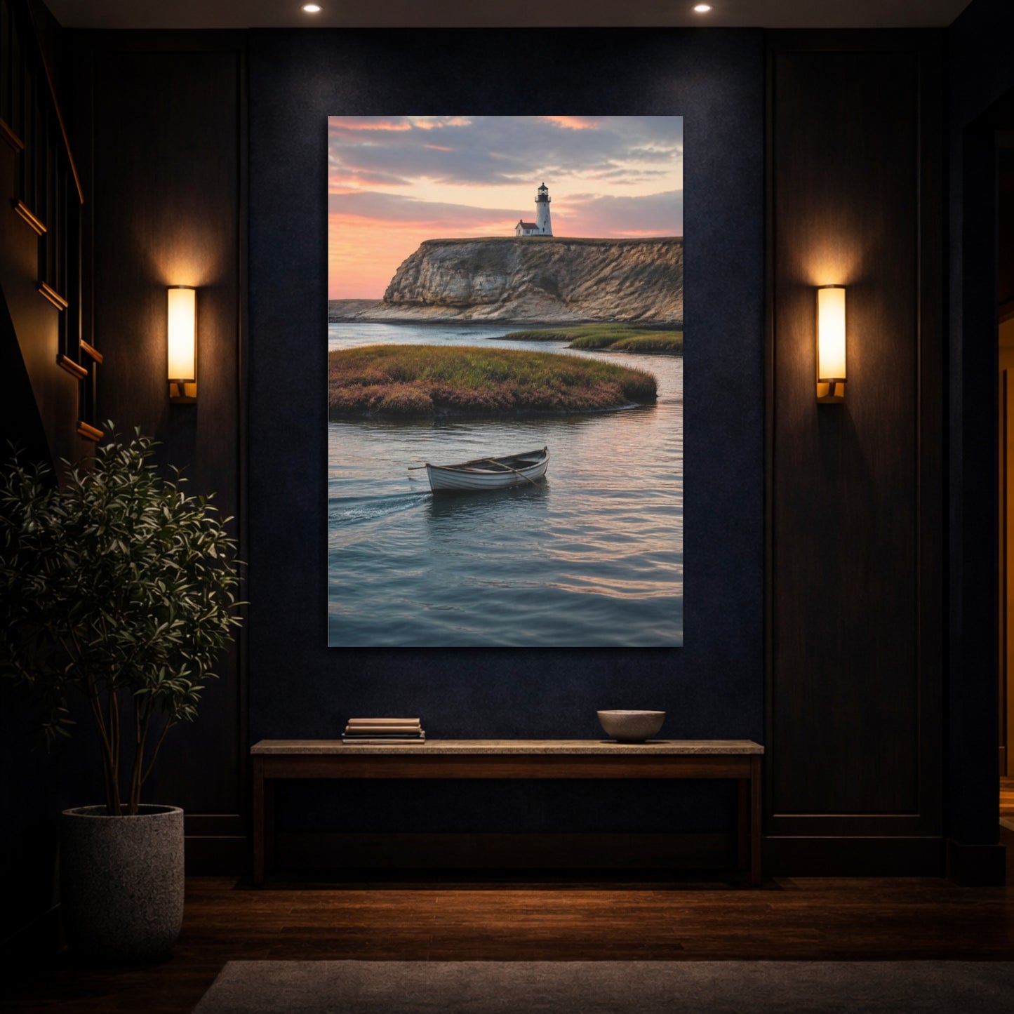 Mockup 4. Coastal Rowboat At Sunset shown as canvas print