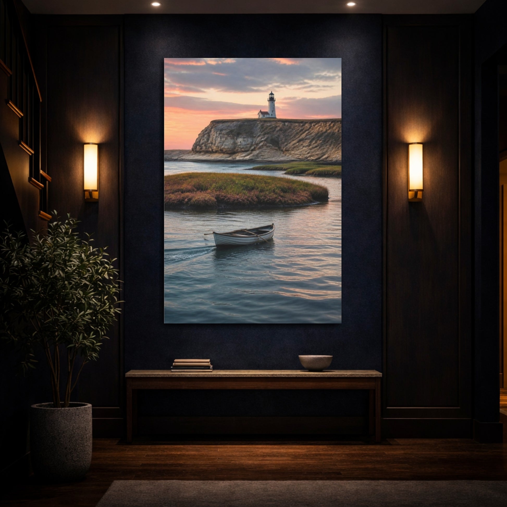 Mockup 4. Coastal Rowboat At Sunset shown as canvas print