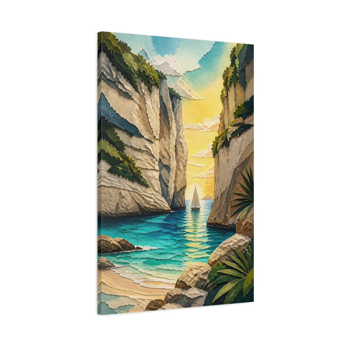 Main Mockup. Coastal Sailboat Cove shown as canvas print
