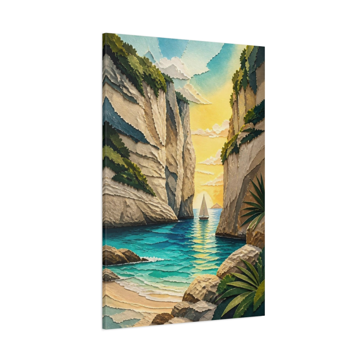 Side Mockup 1. Coastal Sailboat Cove shown as canvas print