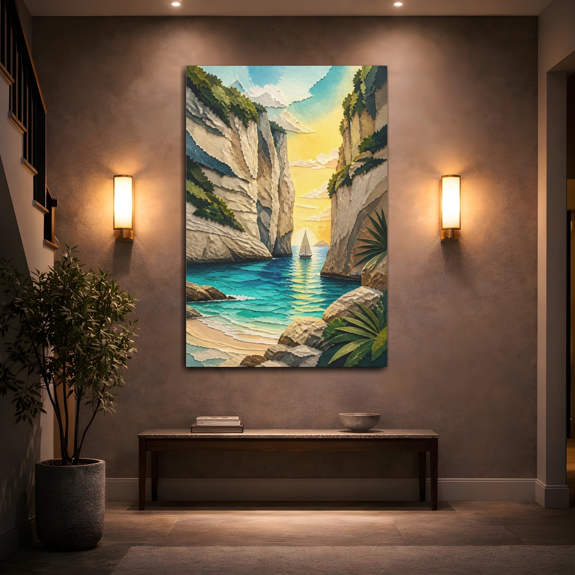 Mockup 2. Coastal Sailboat Cove shown as canvas print
