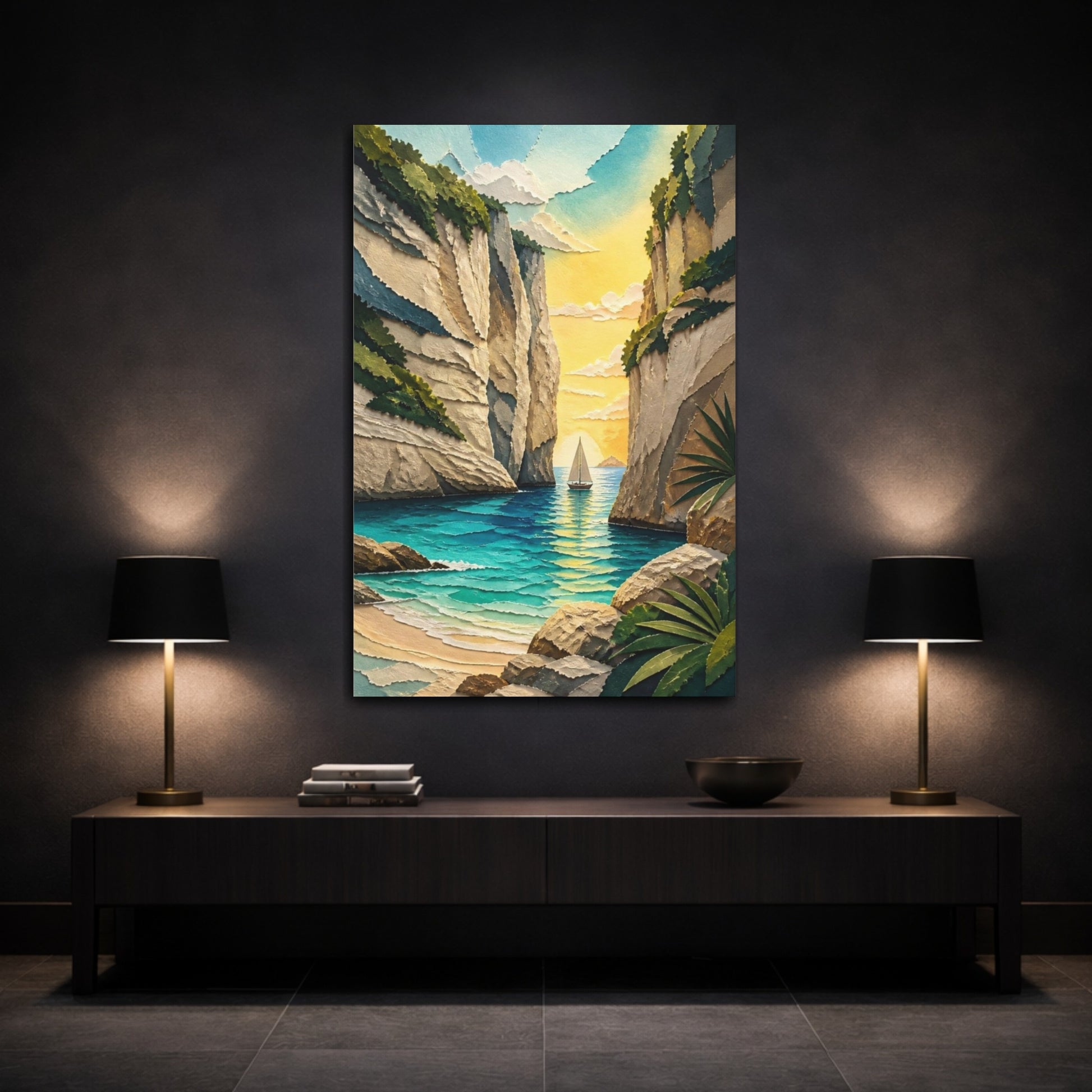 Mockup 3. Coastal Sailboat Cove shown as canvas print