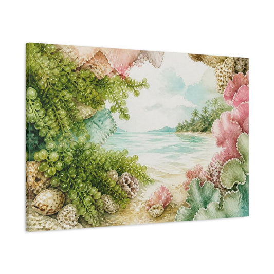 Coastal Sea Grapes Shore Canvas Print – Living Room, Above Console Table, Jade, Pink, Sand - YesArtYes