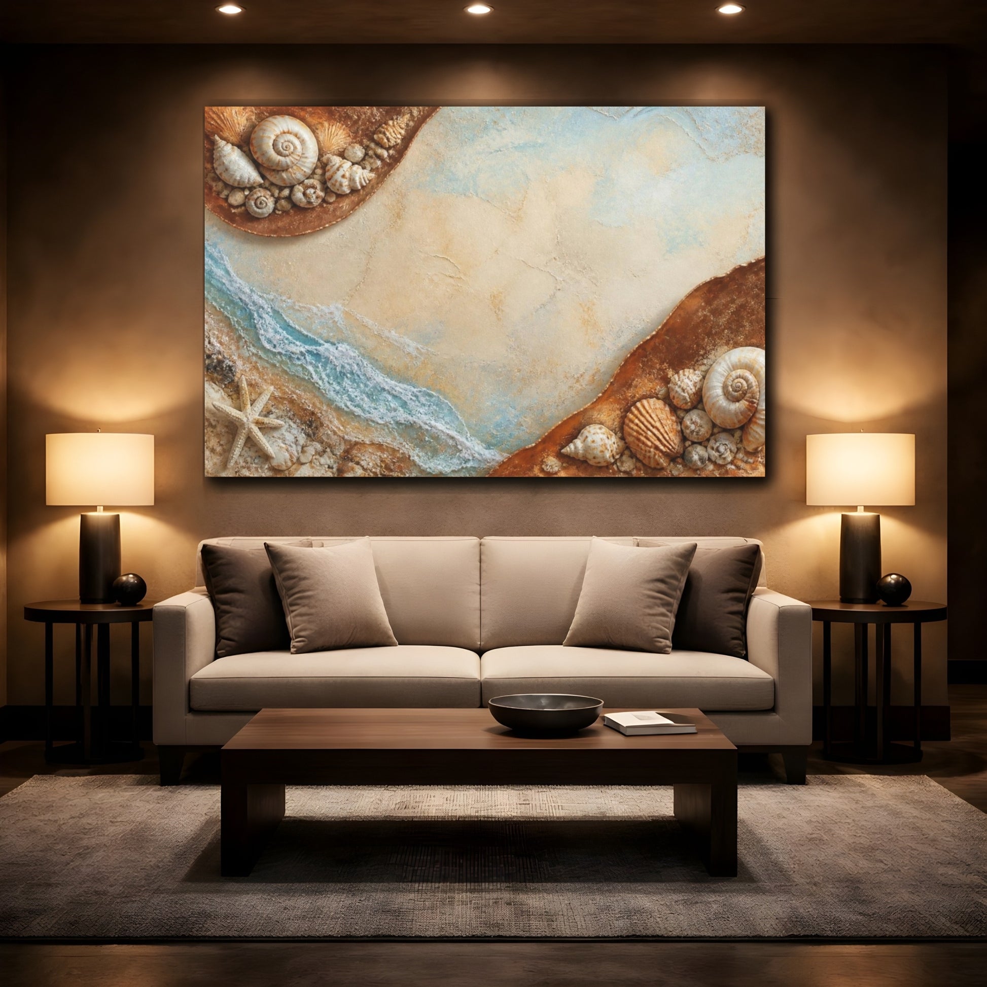 Mockup 2. Coastal Seashells Harmony shown as canvas print