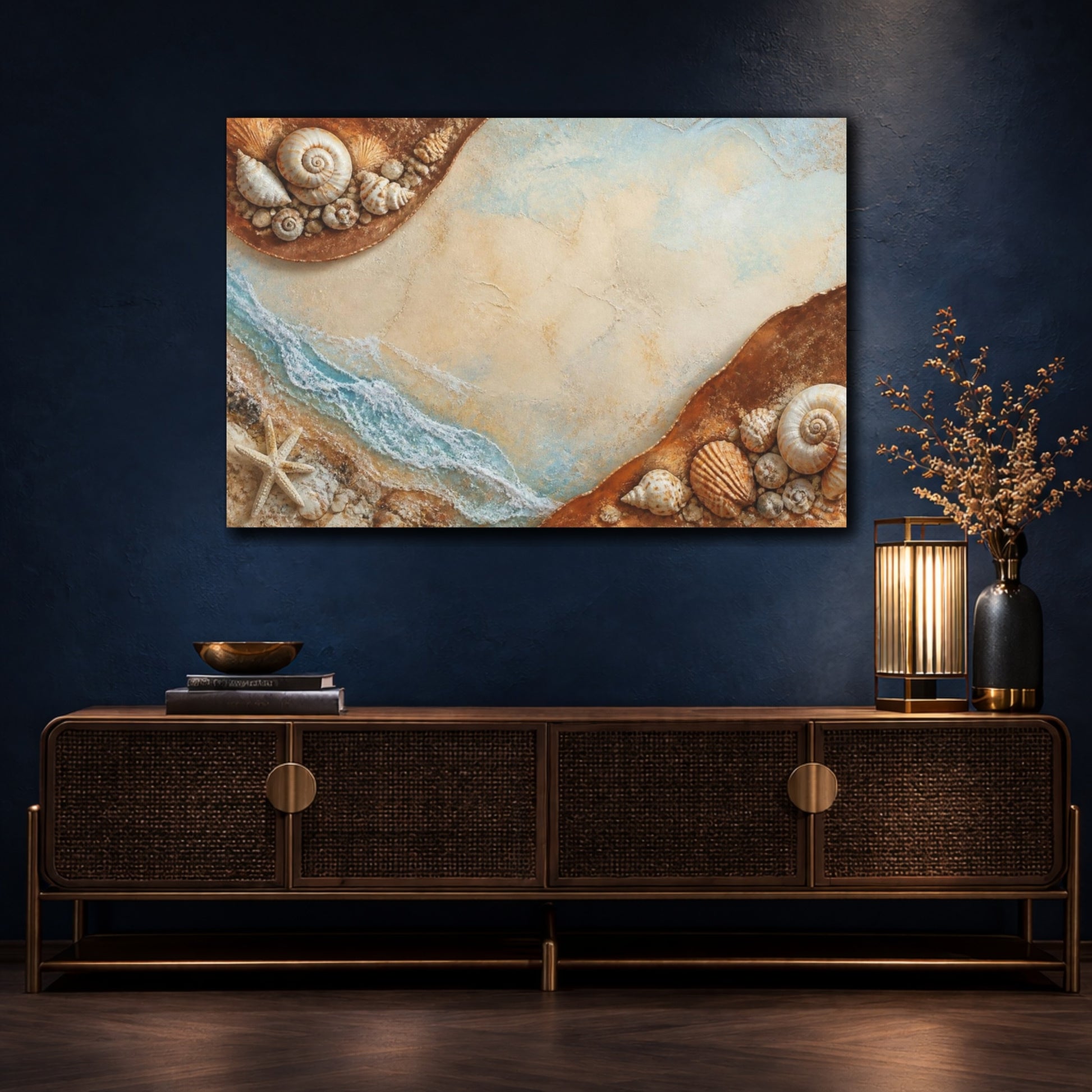 Mockup 4. Coastal Seashells Harmony shown as canvas print