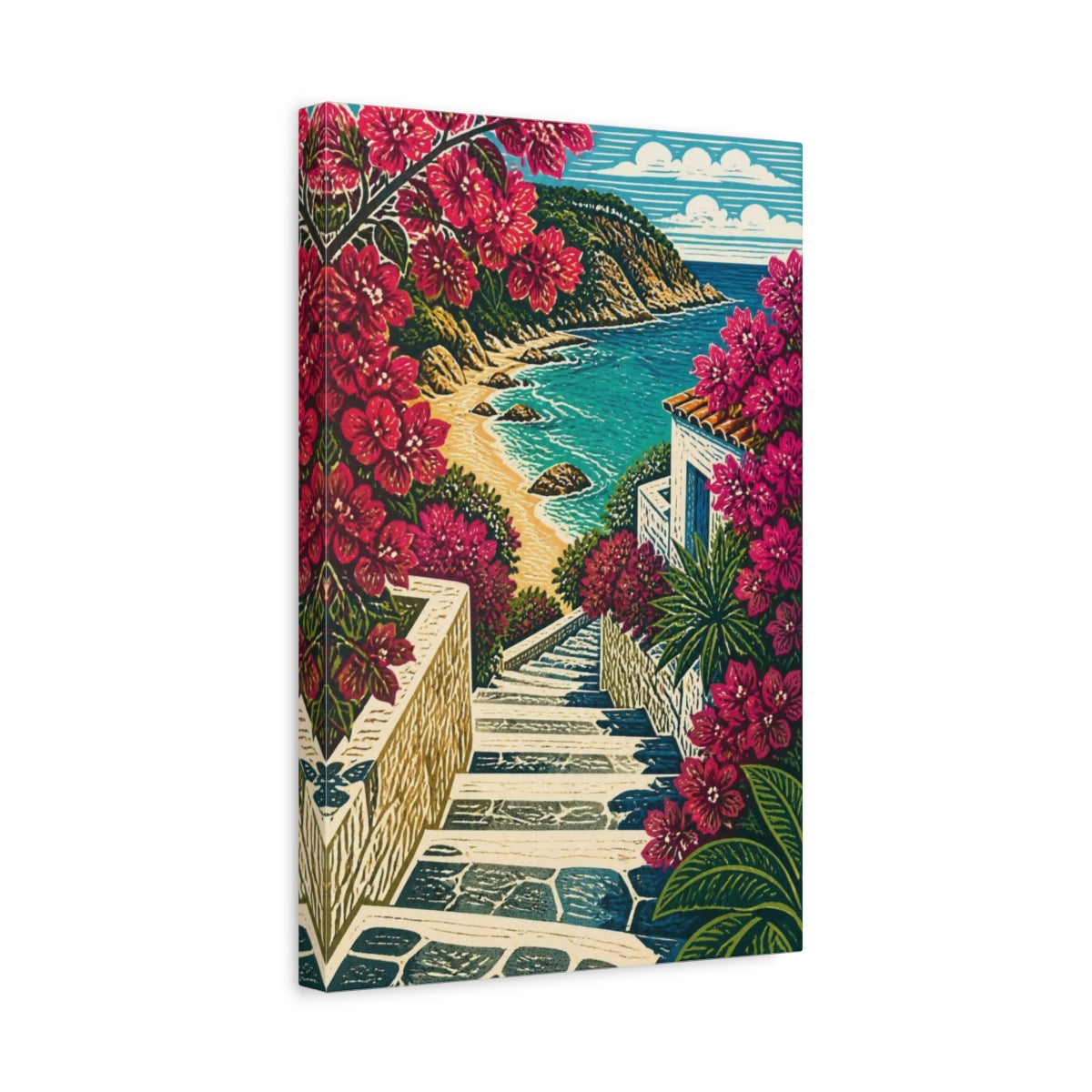 Side Mockup 4. Coastal Stairs With Bougainvillea shown as canvas print