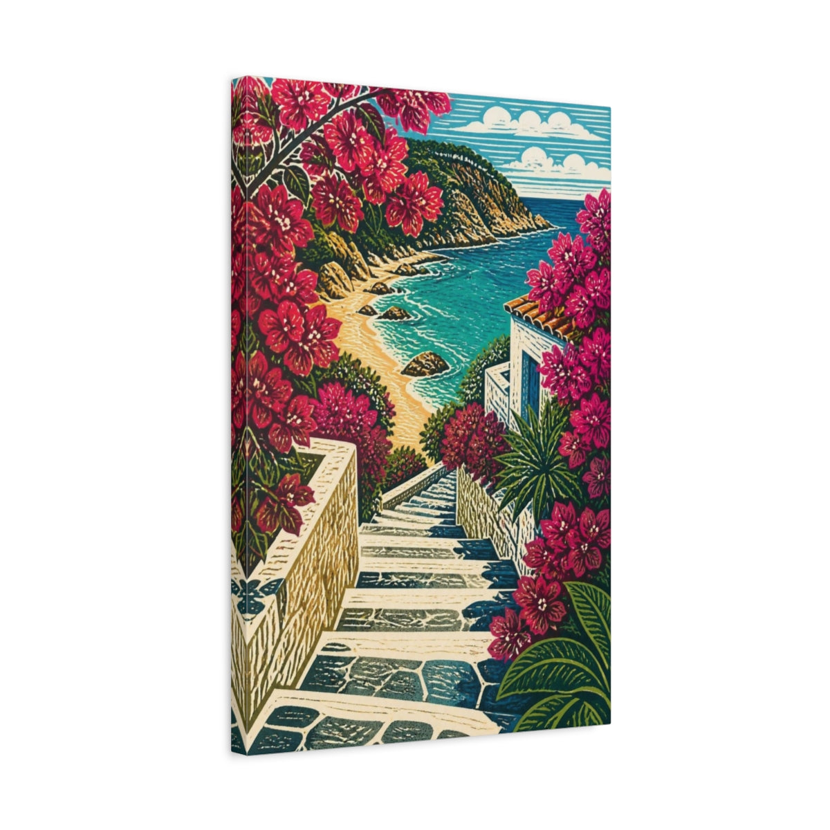 Side Mockup 3. Coastal Stairs With Bougainvillea shown as canvas print