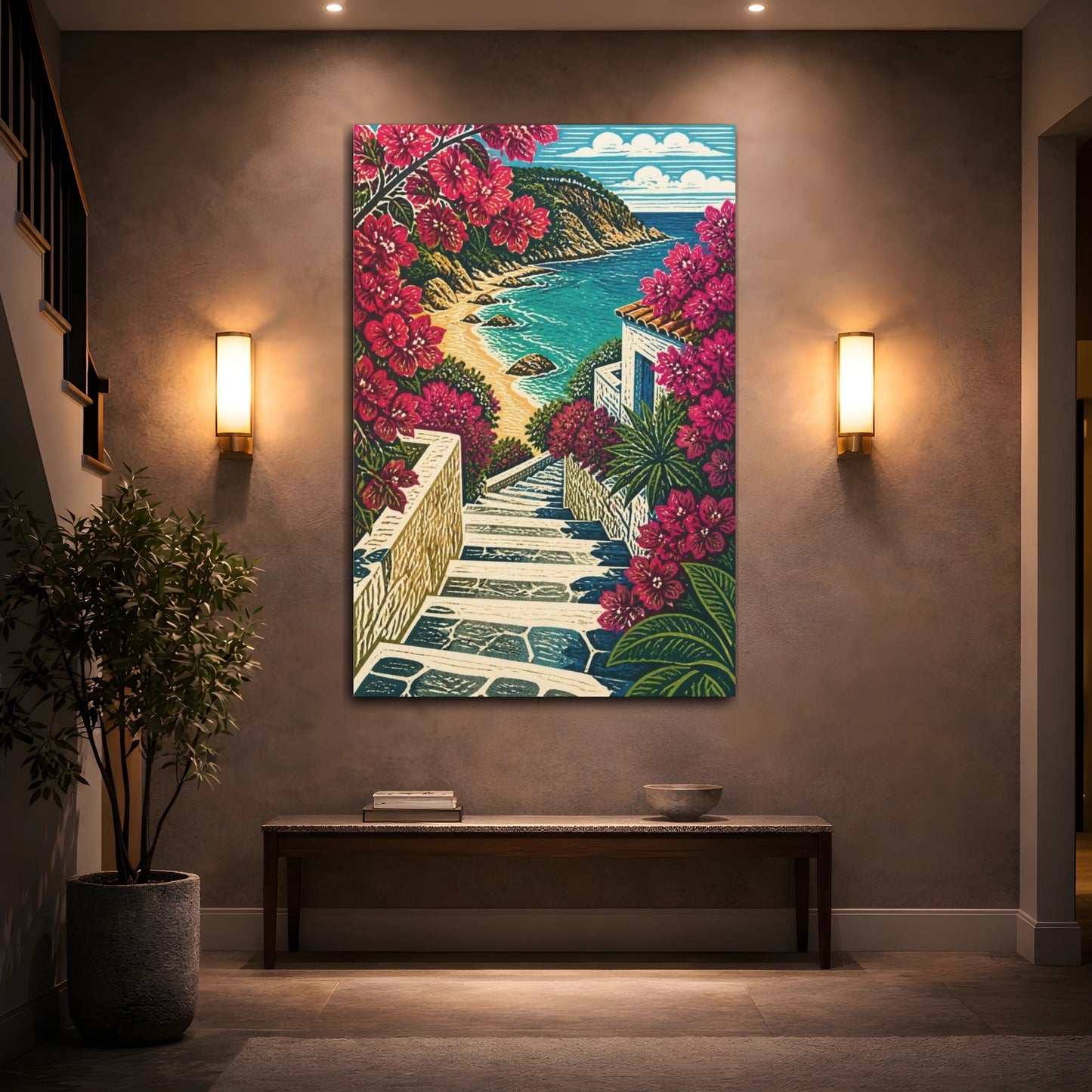 Mockup 2. Coastal Stairs With Bougainvillea shown as canvas print