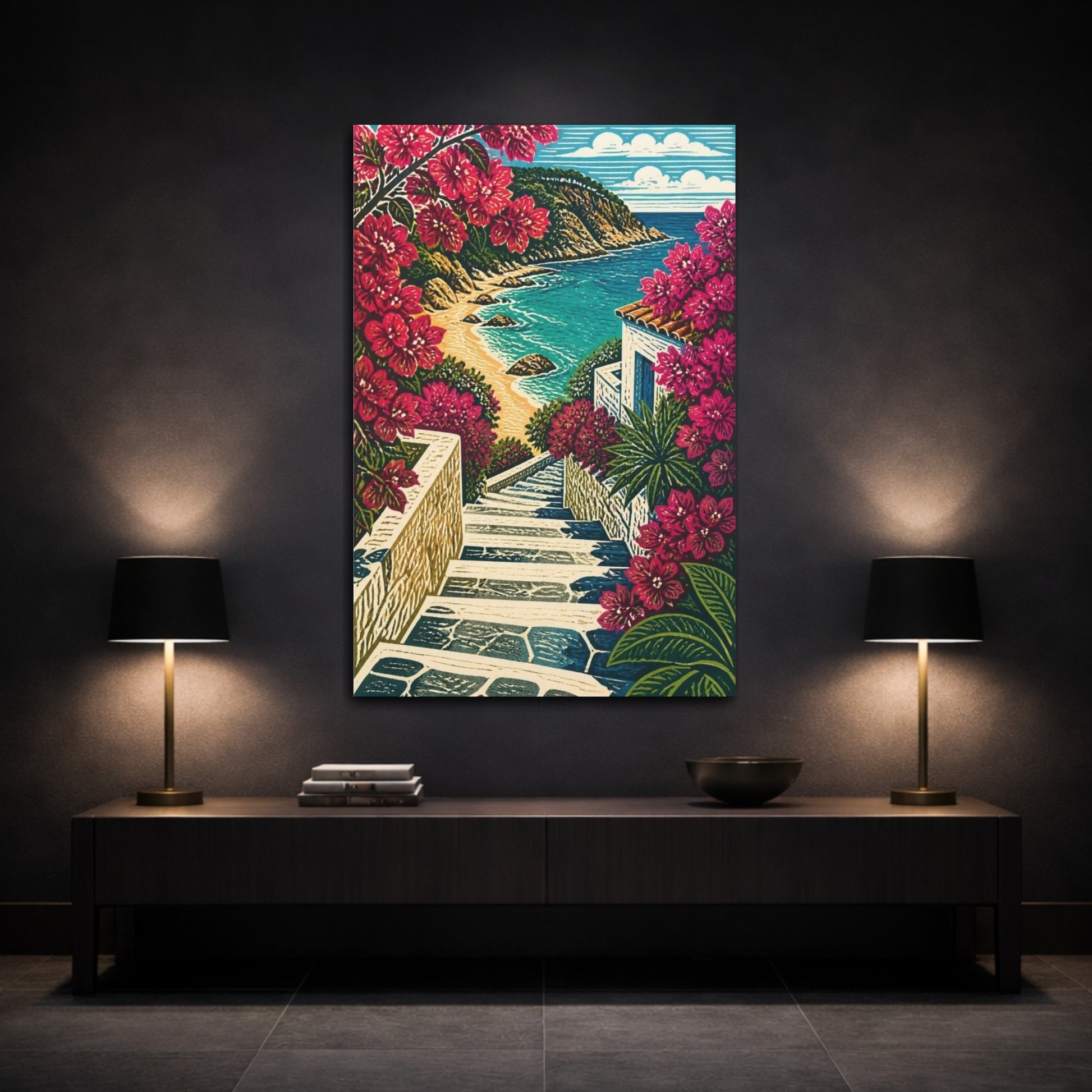 Mockup 3. Coastal Stairs With Bougainvillea shown as canvas print