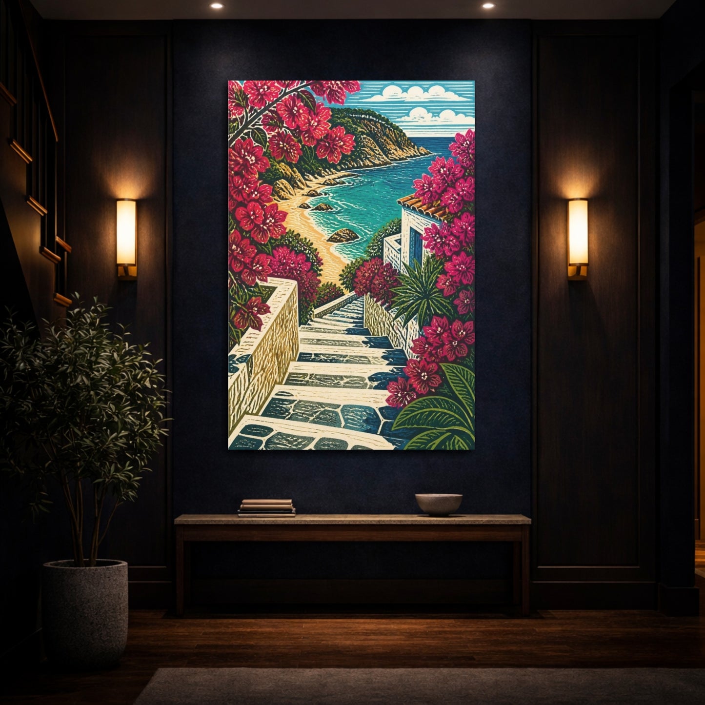 Mockup 4. Coastal Stairs With Bougainvillea shown as canvas print