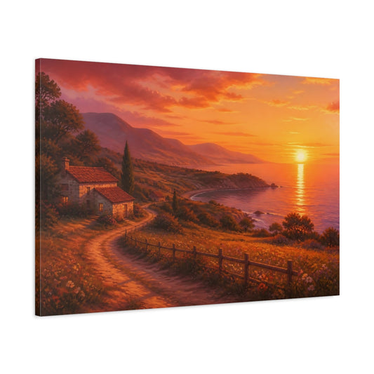 Main Mockup. Coastal Sunset Cottage shown as canvas print