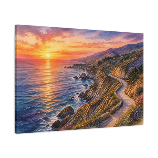 Main Mockup. Coastal Sunset Drive shown as canvas print