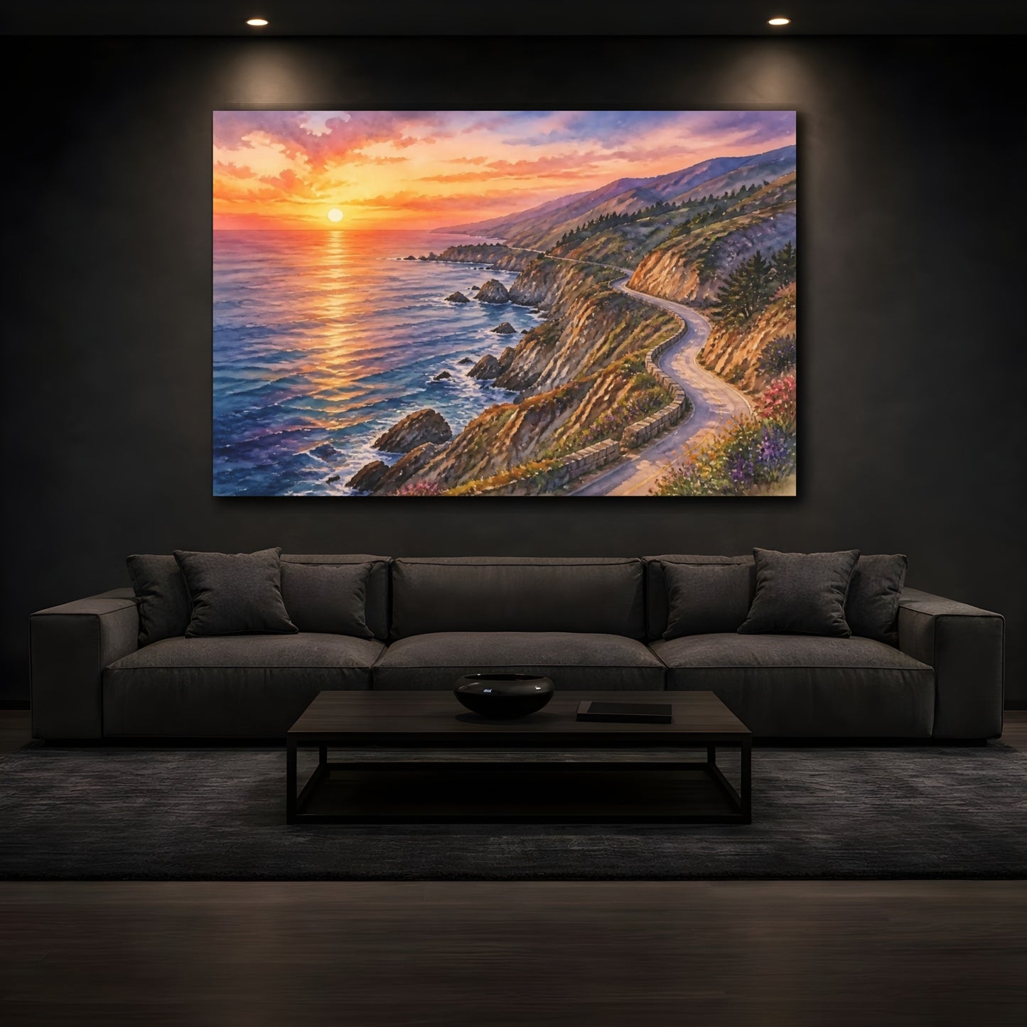 Mockup 3. Coastal Sunset Drive shown as canvas print