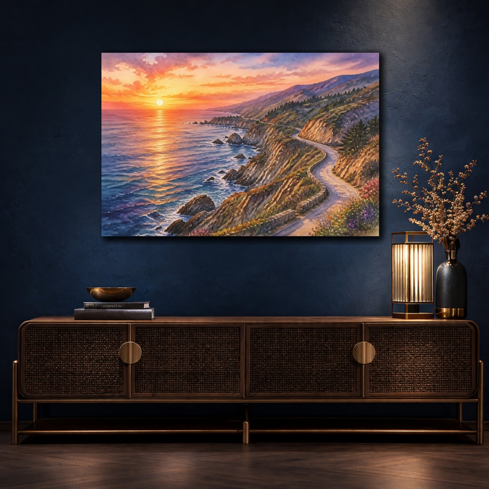 Mockup 4. Coastal Sunset Drive shown as canvas print