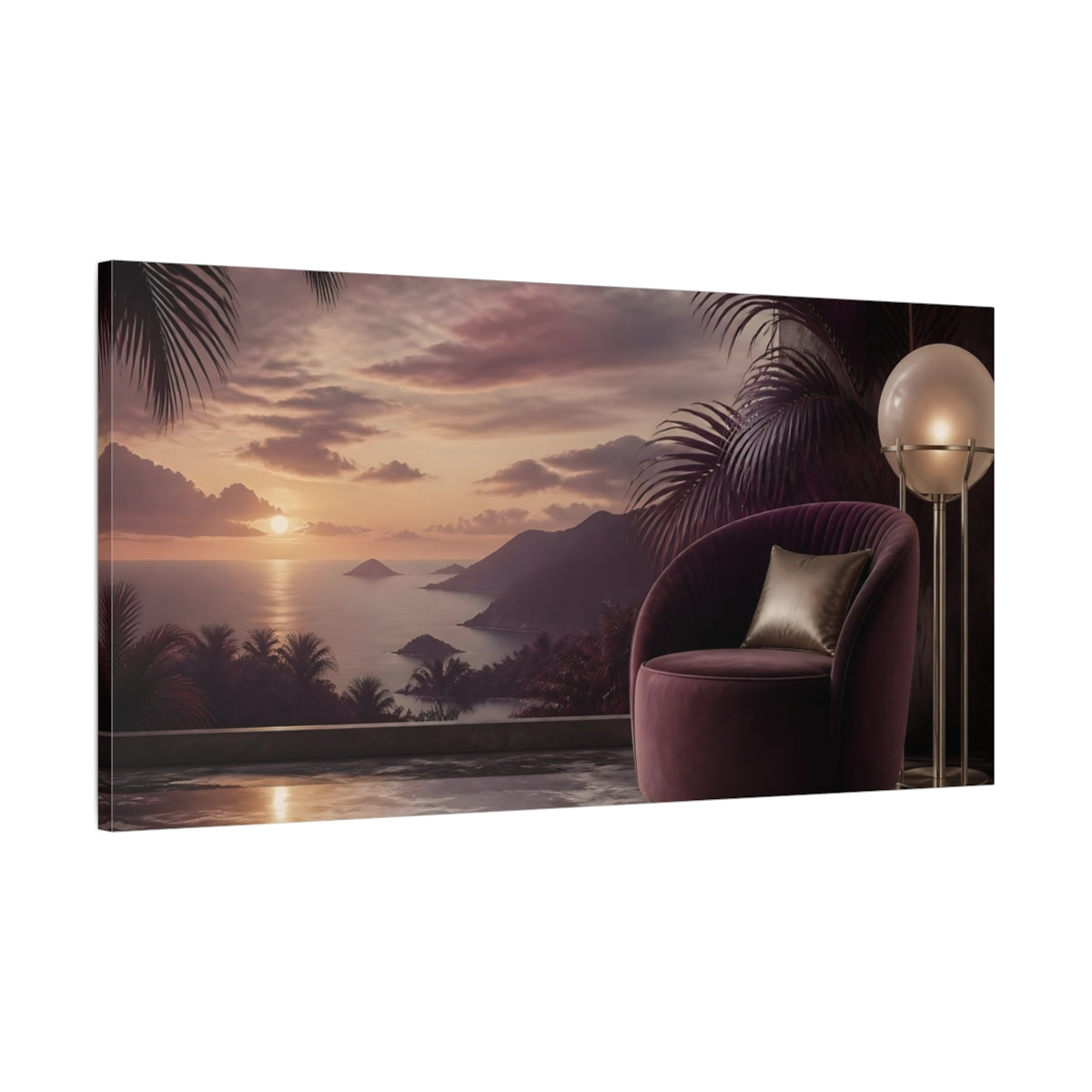 Main Mockup. Coastal Sunset Lounge shown as canvas print