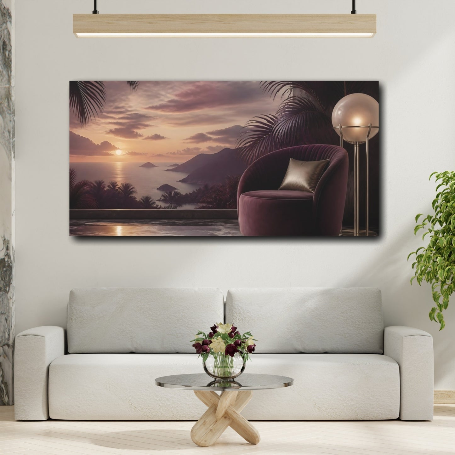 Mockup 2. Coastal Sunset Lounge shown as canvas print