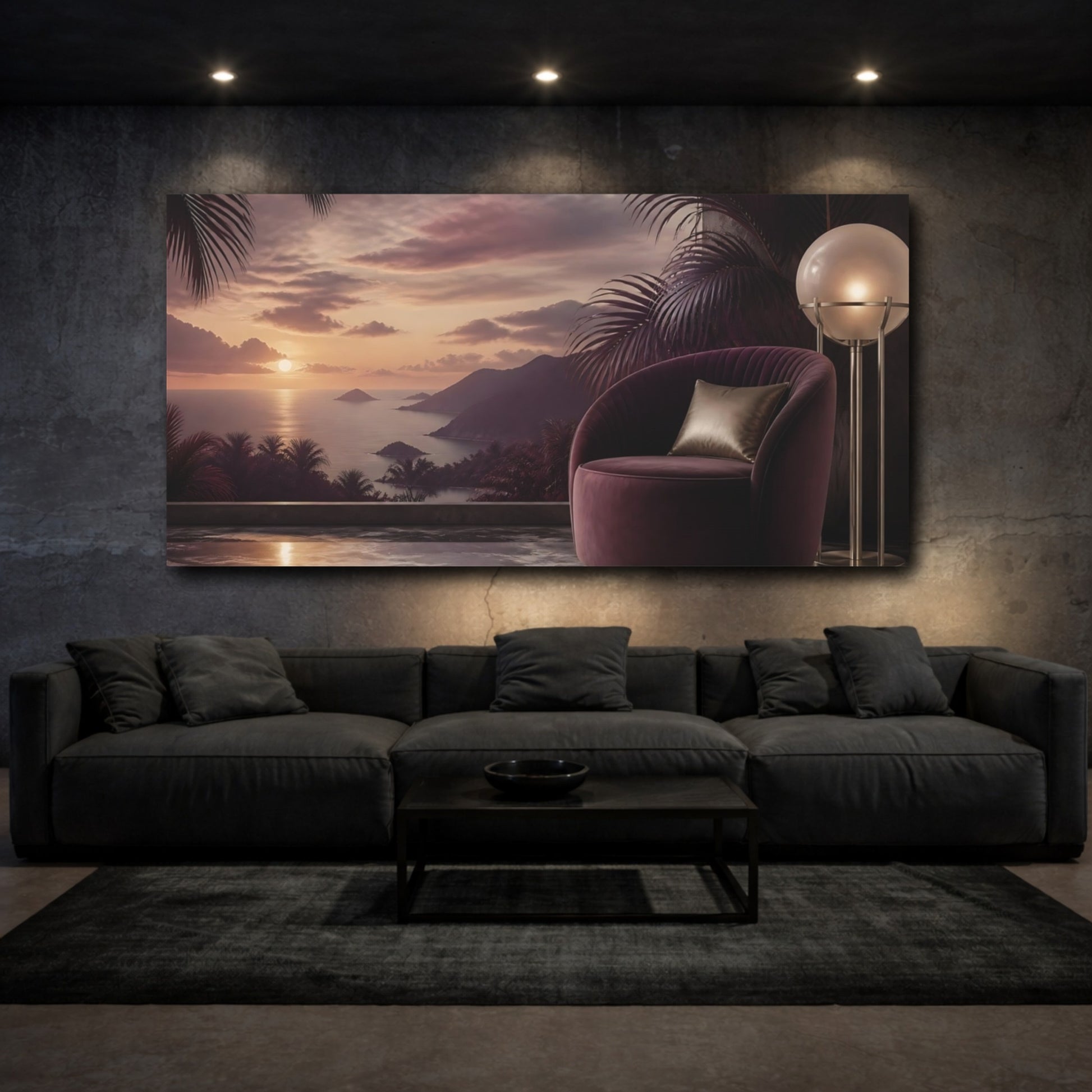 Mockup 3. Coastal Sunset Lounge shown as canvas print