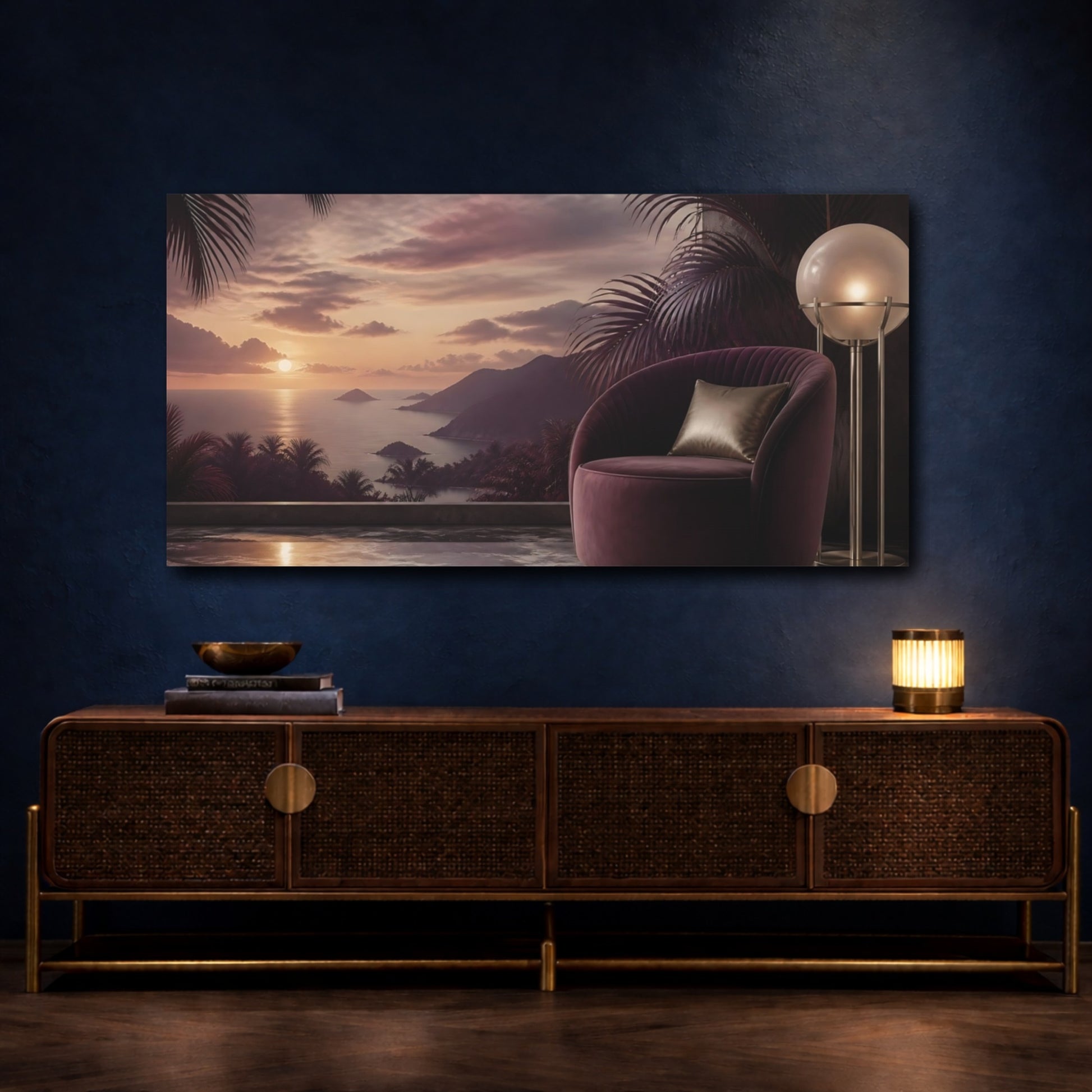Mockup 4. Coastal Sunset Lounge shown as canvas print