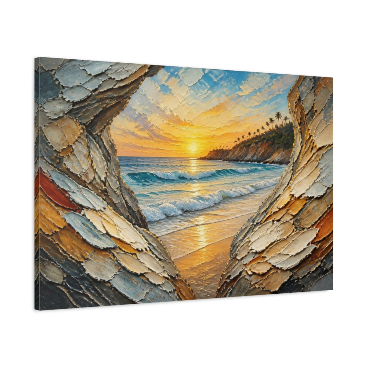 Main Mockup. Coastal Sunset Seascape shown as canvas print