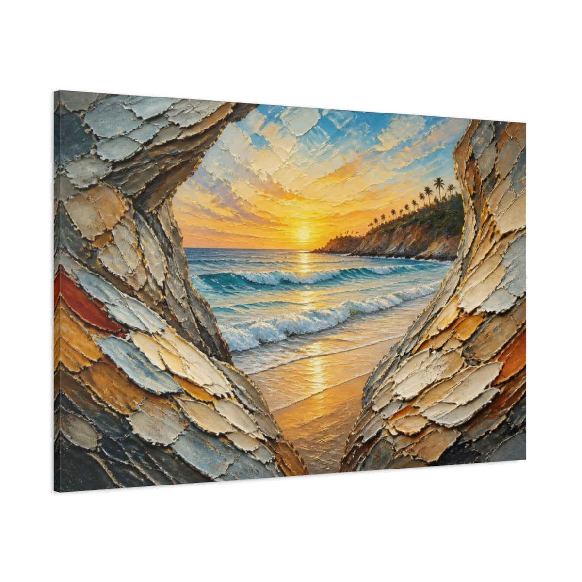 Side Mockup 1. Coastal Sunset Seascape shown as canvas print