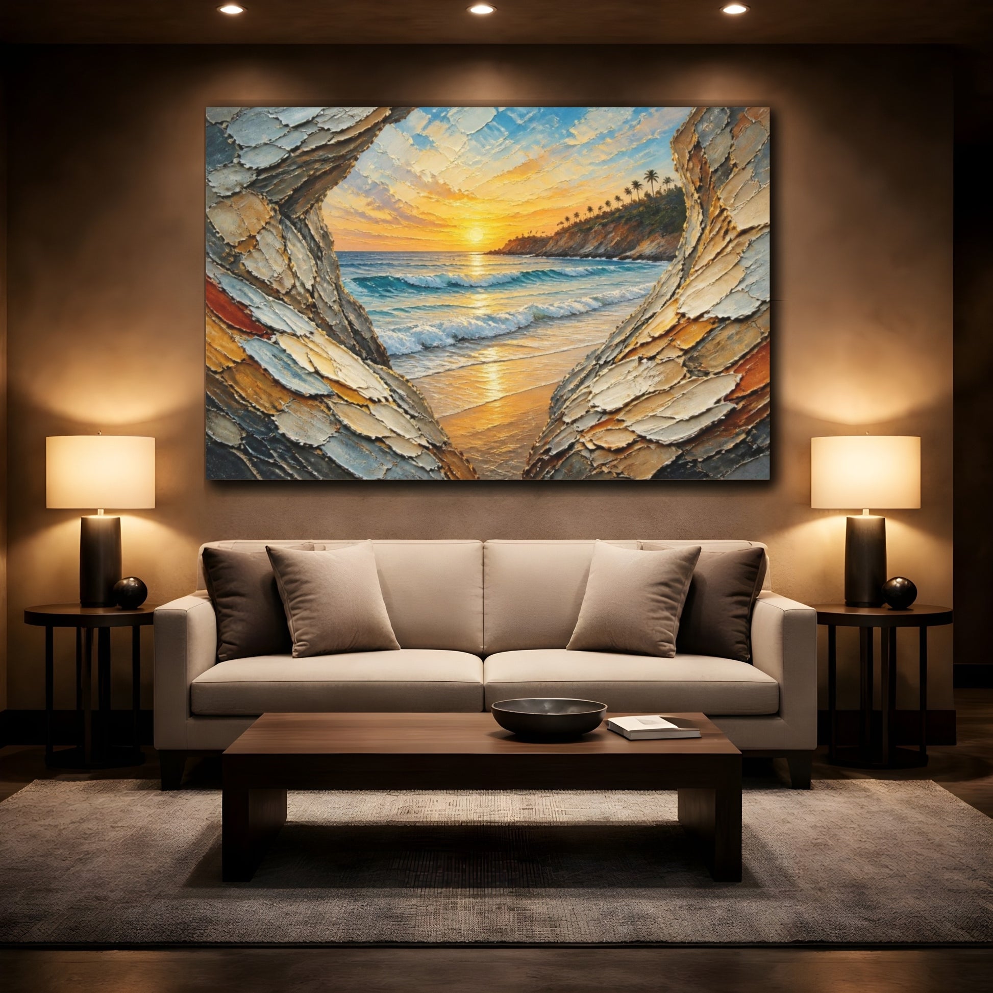 Mockup 2. Coastal Sunset Seascape shown as canvas print