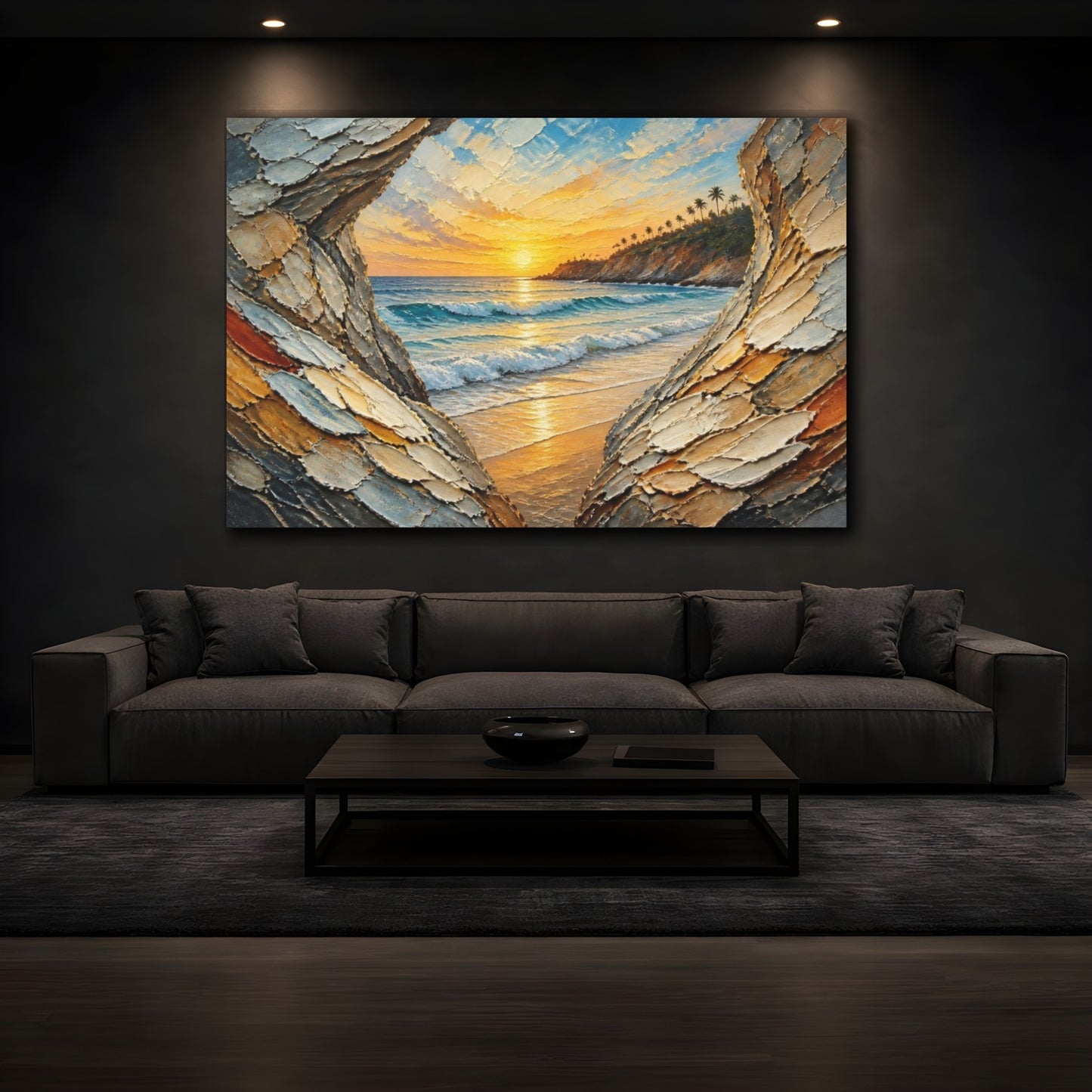 Mockup 3. Coastal Sunset Seascape shown as canvas print