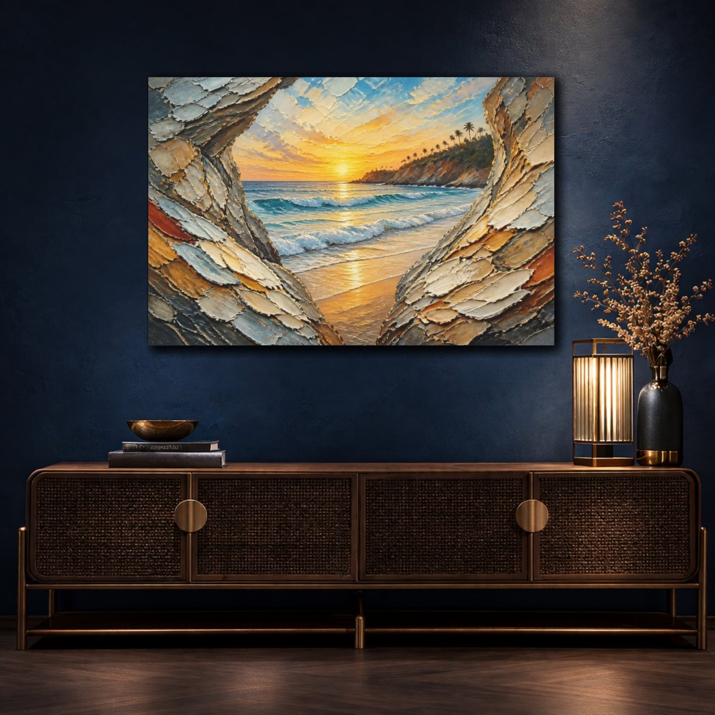 Mockup 4. Coastal Sunset Seascape shown as canvas print