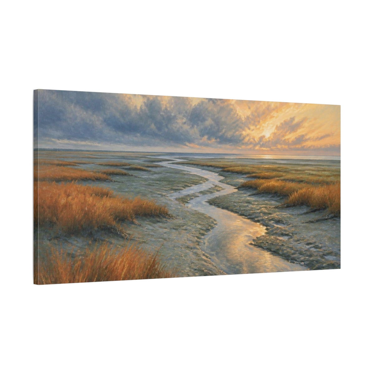 Main Mockup. Coastal Tidal Creek Sunrise shown as canvas print