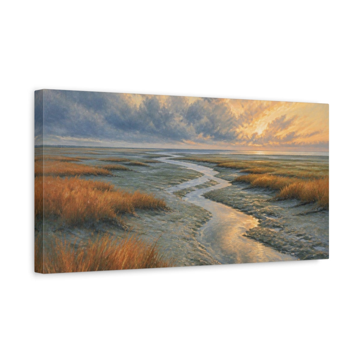 Side Mockup 3. Coastal Tidal Creek Sunrise shown as canvas print