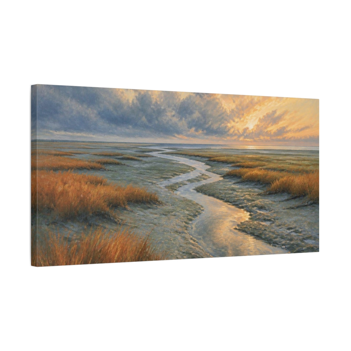 Side Mockup 1. Coastal Tidal Creek Sunrise shown as canvas print