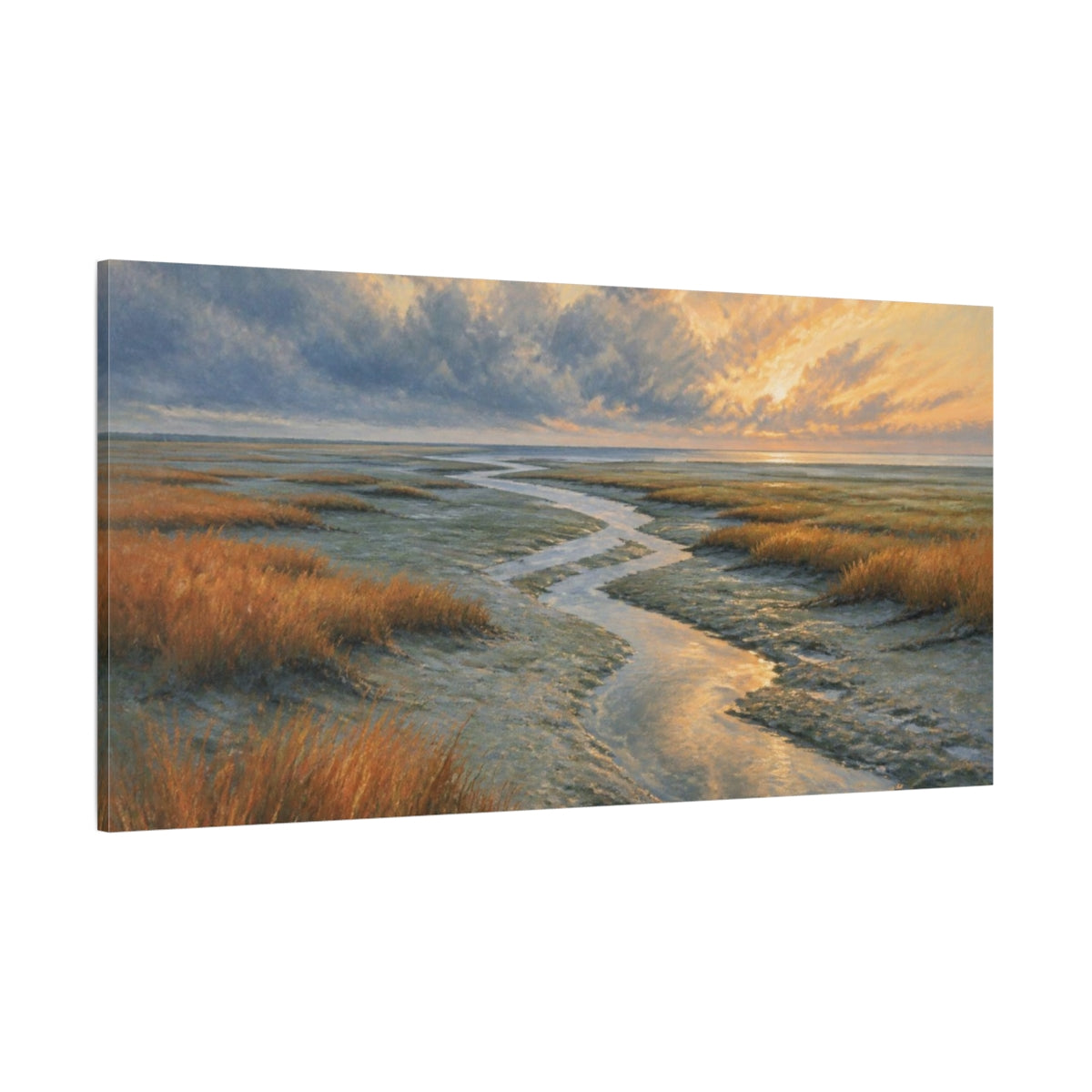 Side Mockup 2. Coastal Tidal Creek Sunrise shown as canvas print