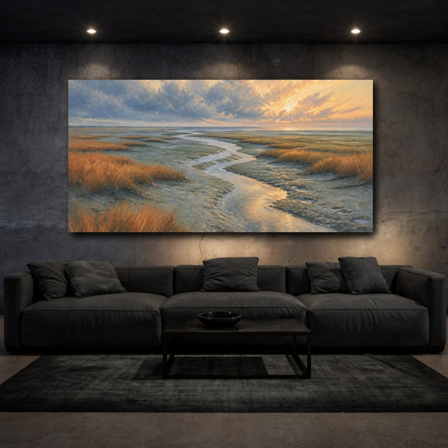 Mockup 3. Coastal Tidal Creek Sunrise shown as canvas print