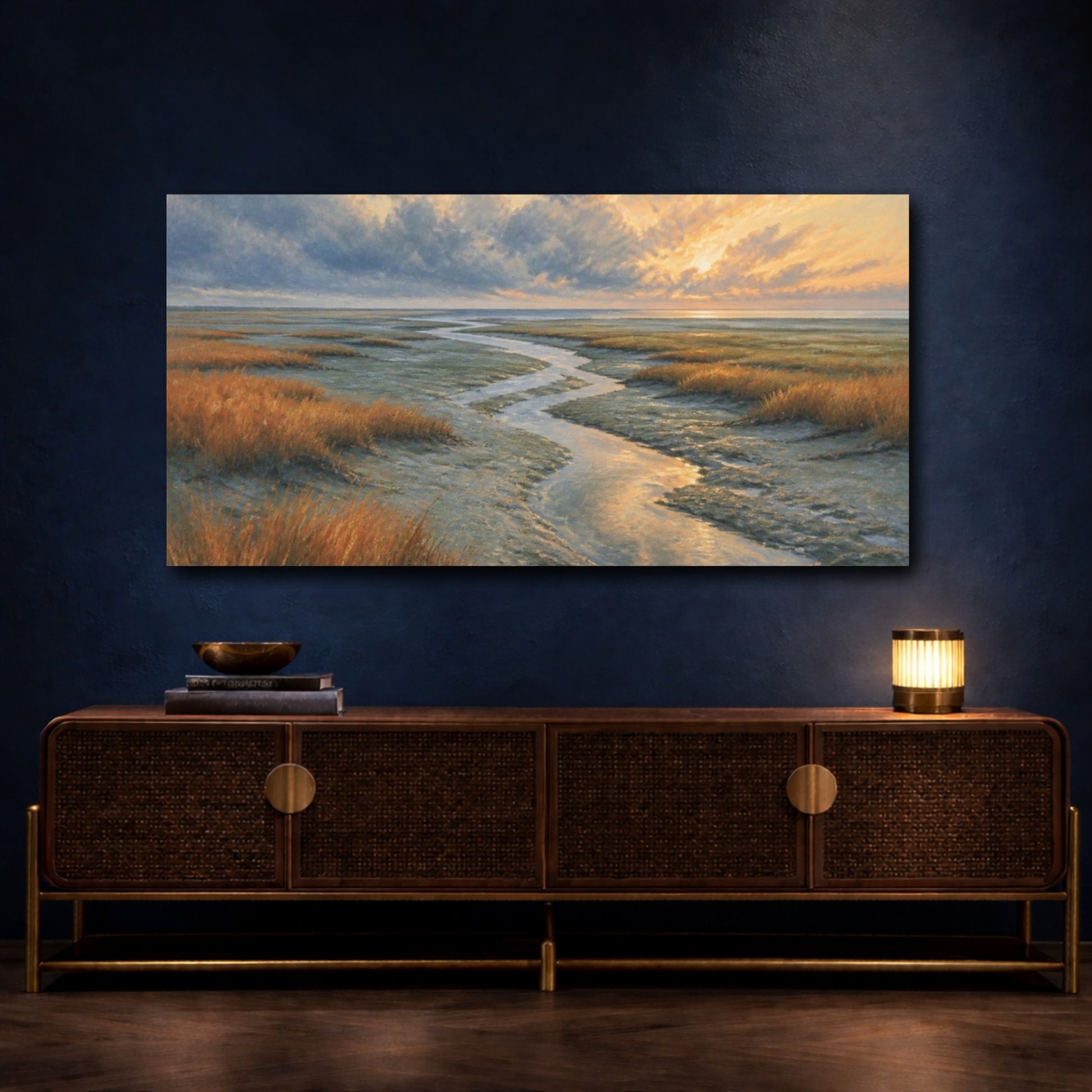 Mockup 4. Coastal Tidal Creek Sunrise shown as canvas print