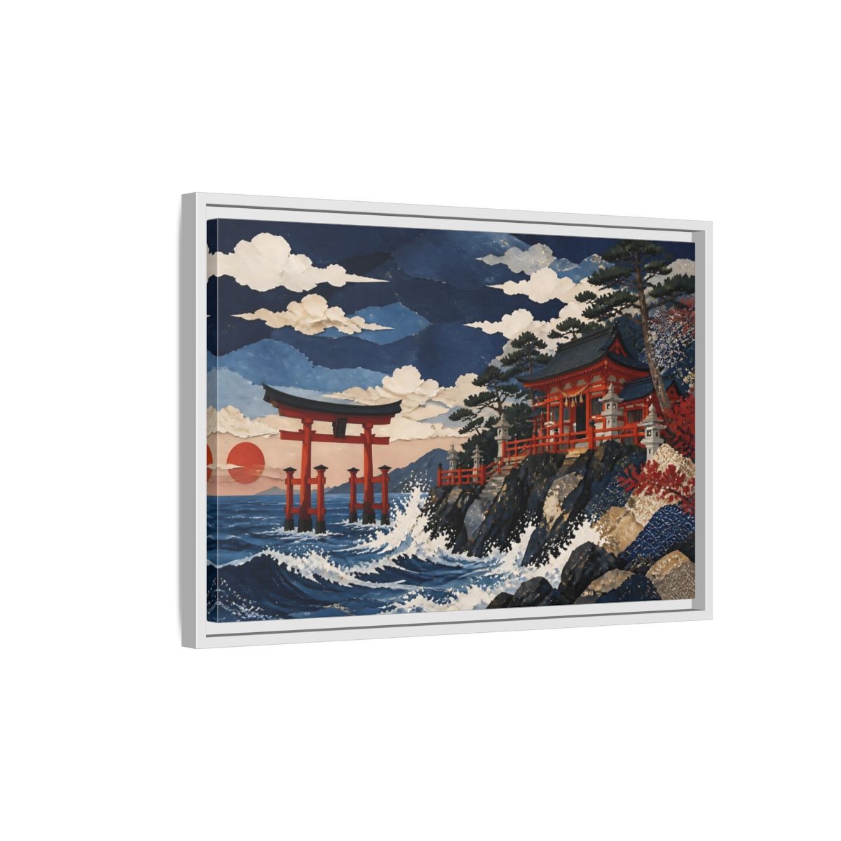 Side Mockup 1. Coastal Torii Shrine shown as framed canvas print
