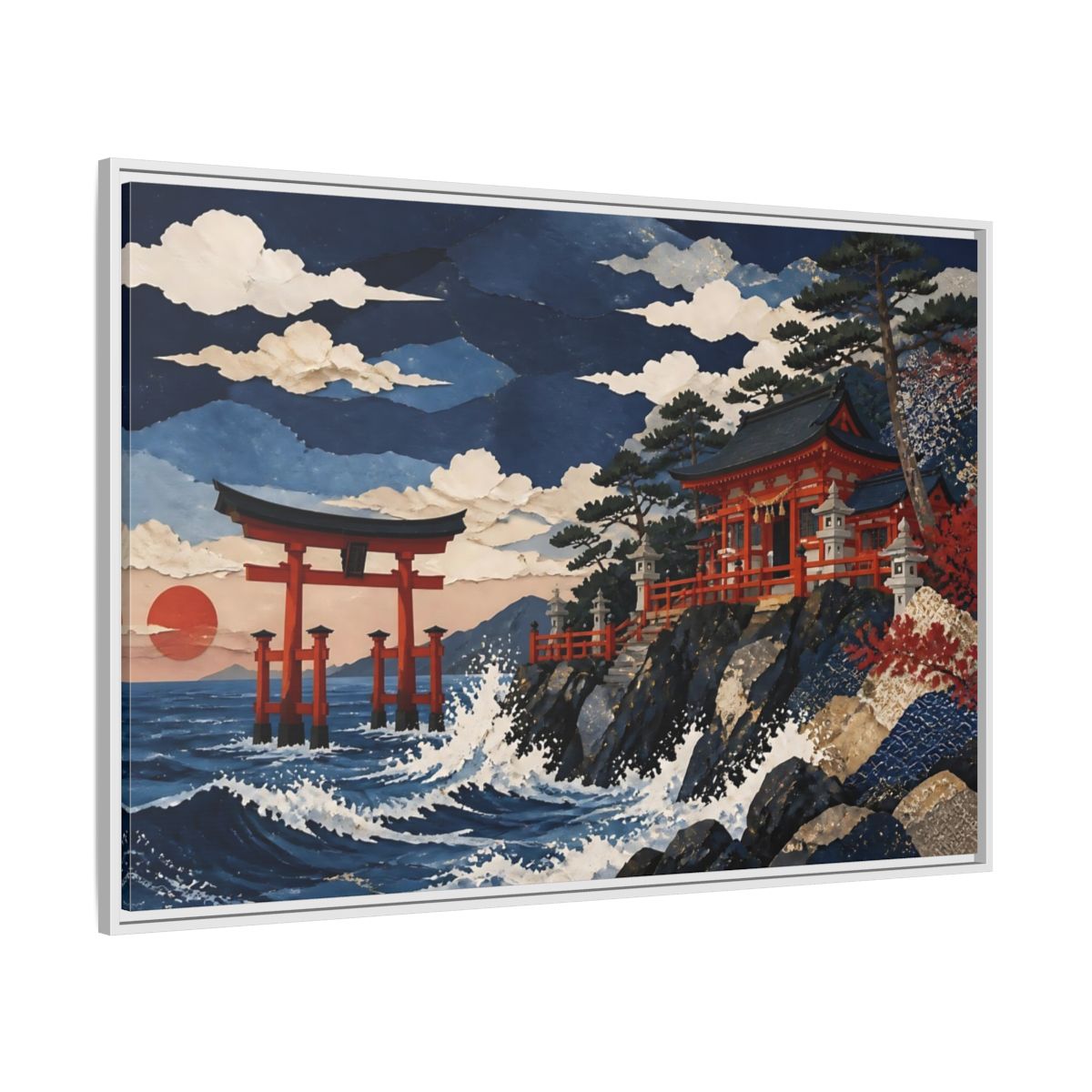 Side Mockup 7. Coastal Torii Shrine shown as framed canvas print
