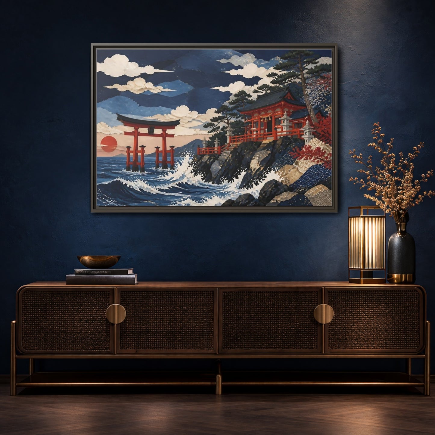 Mockup 4. Coastal Torii Shrine shown as framed canvas print