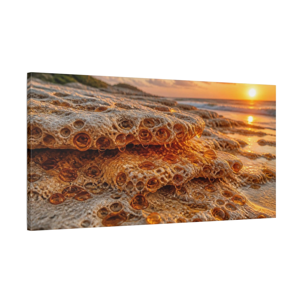 Main Mockup. Coastal Travertine At Sunset shown as canvas print