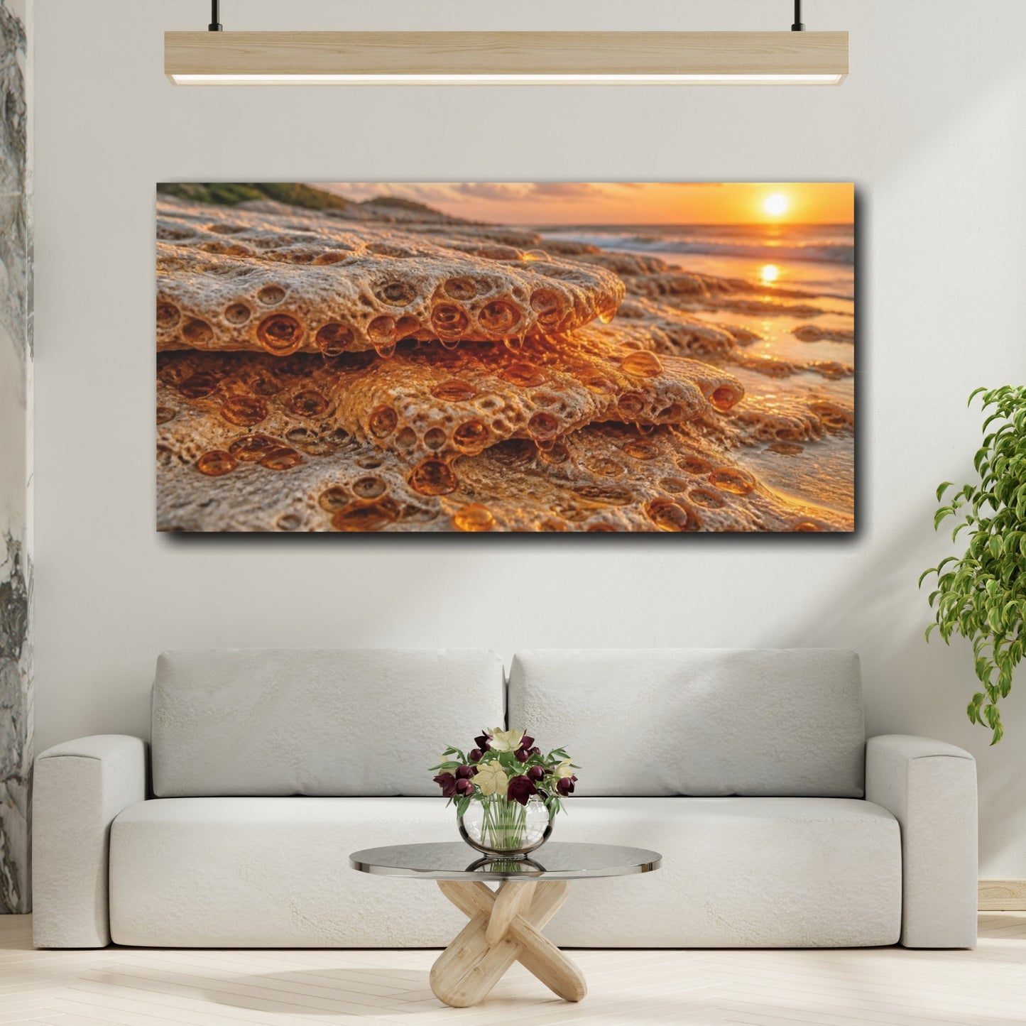 Mockup 2. Coastal Travertine At Sunset shown as canvas print