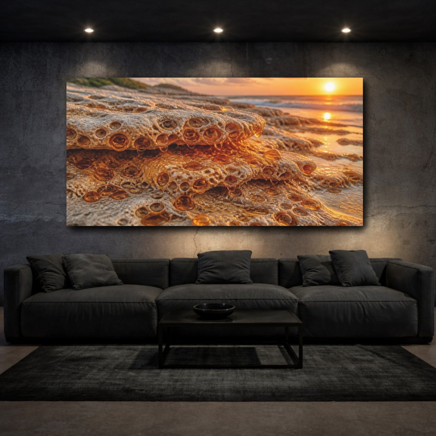 Mockup 3. Coastal Travertine At Sunset shown as canvas print