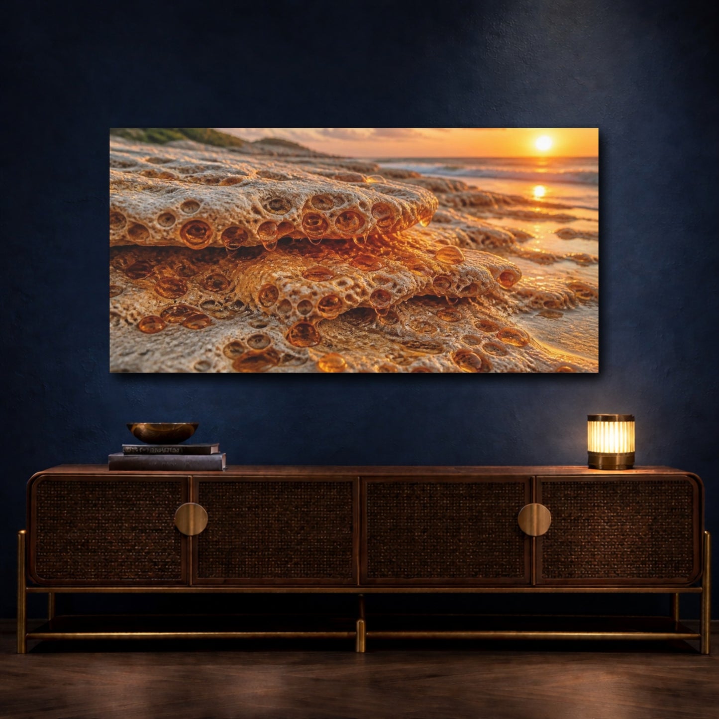 Mockup 4. Coastal Travertine At Sunset shown as canvas print