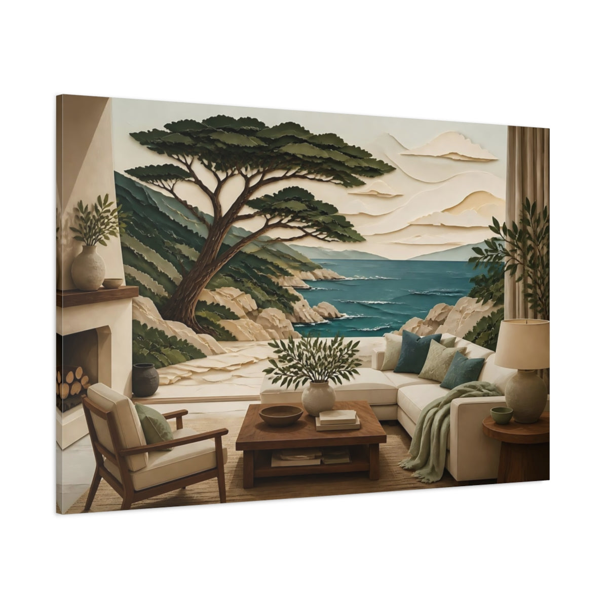 Side Mockup 1. Coastal Tree Seascape shown as canvas print