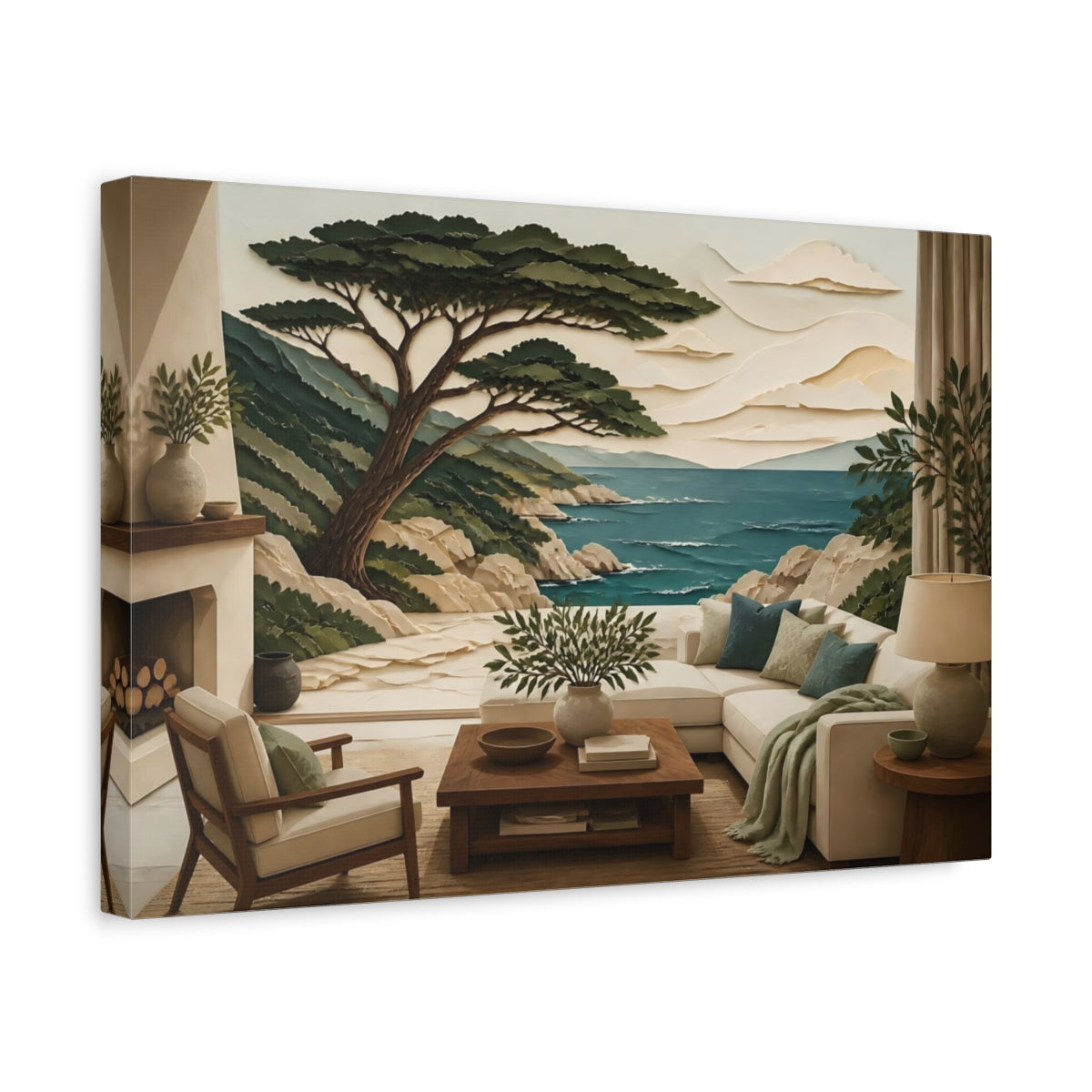 Side Mockup 4. Coastal Tree Seascape shown as canvas print