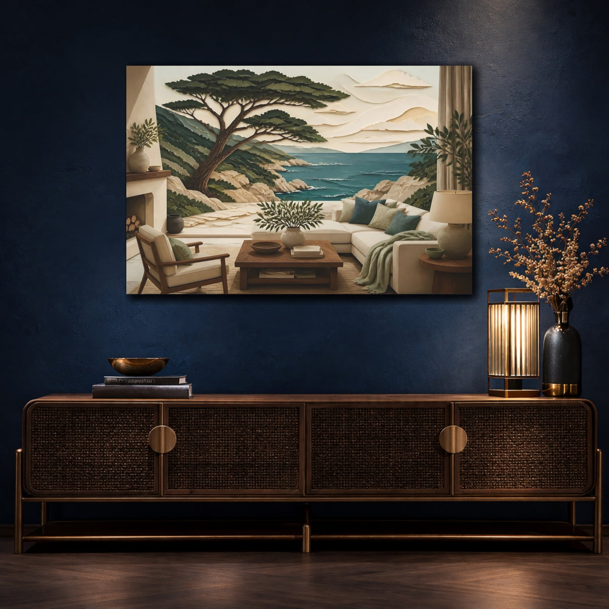 Mockup 4. Coastal Tree Seascape shown as canvas print